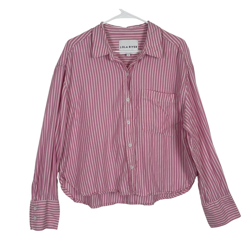 Lola River Button Down Women Large Pink Striped Cotton Tencel Cropped Shirt
